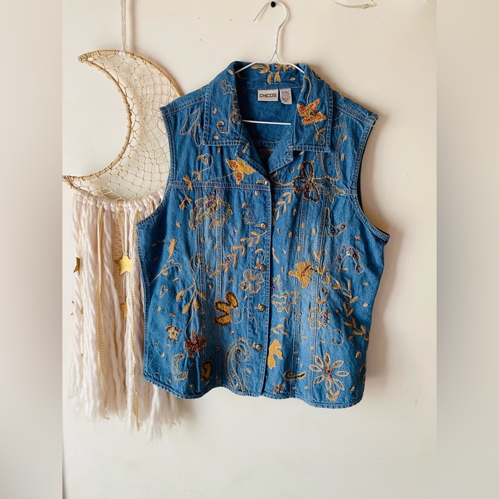 Chicos 90s vintage embroidered beaded denim vest